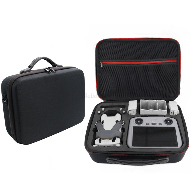 Drone travel carrying case, black hard shell with red zipper trim, open accessory compartments