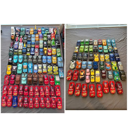 Assorted diecast toy cars on display, with red, blue, green, and yellow vehicles