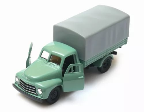 Green vintage delivery truck diecast model with gray covered cargo bed