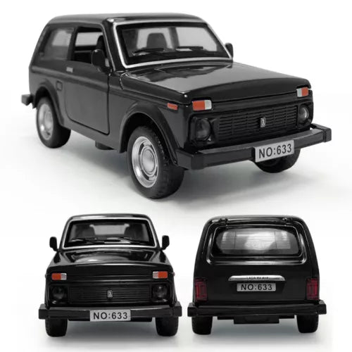 Black 1/32 diecast toy SUV car with grille, headlights, and wheels