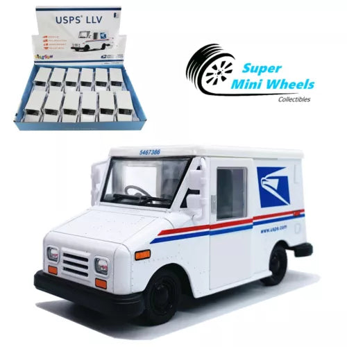 White USPS LLV diecast postal truck toy with Super Mini Wheels logo, front 3/4 view