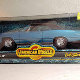 Blue 1:18 scale diecast metal car, side view; American Muscle logo on box