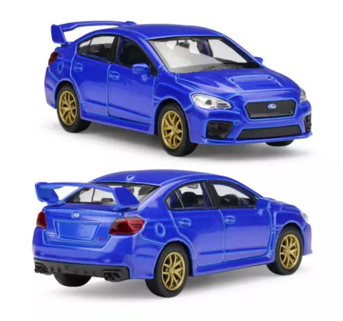 Blue diecast toy car, front and rear three-quarter view with gold wheels