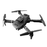 Quadcopter drone with four propeller arms and dual cameras, gray/black body