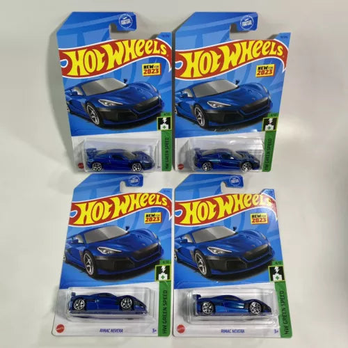 Four blue diecast sports cars in Hot Wheels blister boxes