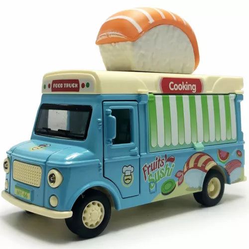 Blue sushi food truck diecast model with orange roof, side door open, striped panel