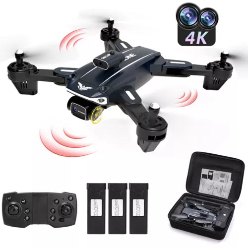 RC quadcopter drone with 4K dual camera, plus remote controller and carrying case