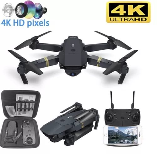 Black quadcopter drone with camera and four foldable propellers, plus remote controller and case.
