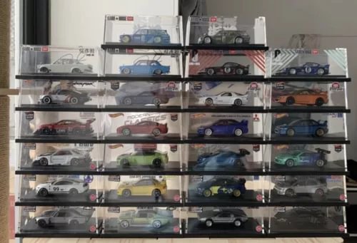 Acrylic display case with multiple Hot Wheels 1:64 diecast cars, clear shelves