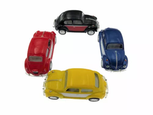 Diecast toy car set with red, blue, black, and yellow VW Beetle models