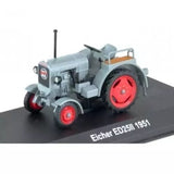 Diecast farm tractor model with red wheels, gray body, front three-quarter view, antenna