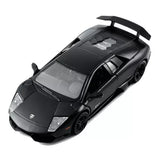 Matte black Lamborghini-style diecast model car with front hood vents and rear wing