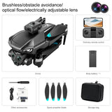 Black brushless drone with camera lens, propellers, and remote controller set
