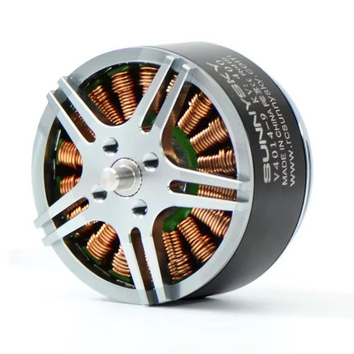 BLDC drone motor with copper windings and silver aluminum housing, circular front view