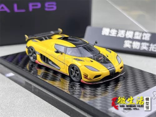 1:64 scale yellow sports car model with black accents, diecast resin parts