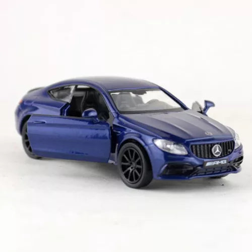 Blue diecast AMG model car with pull-back action, front three-quarter view