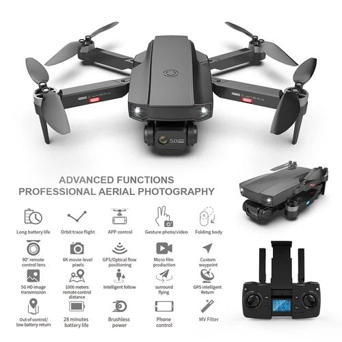 Foldable quadcopter drone with onboard camera, dark gray and black body, four rotors