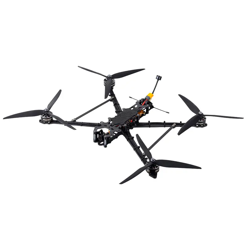 Black quadcopter FPV drone with four propellers and extended landing frame