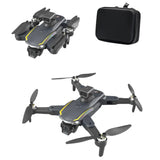 Foldable mini drone with four propellers and dual cameras, dark gray, with landing legs.