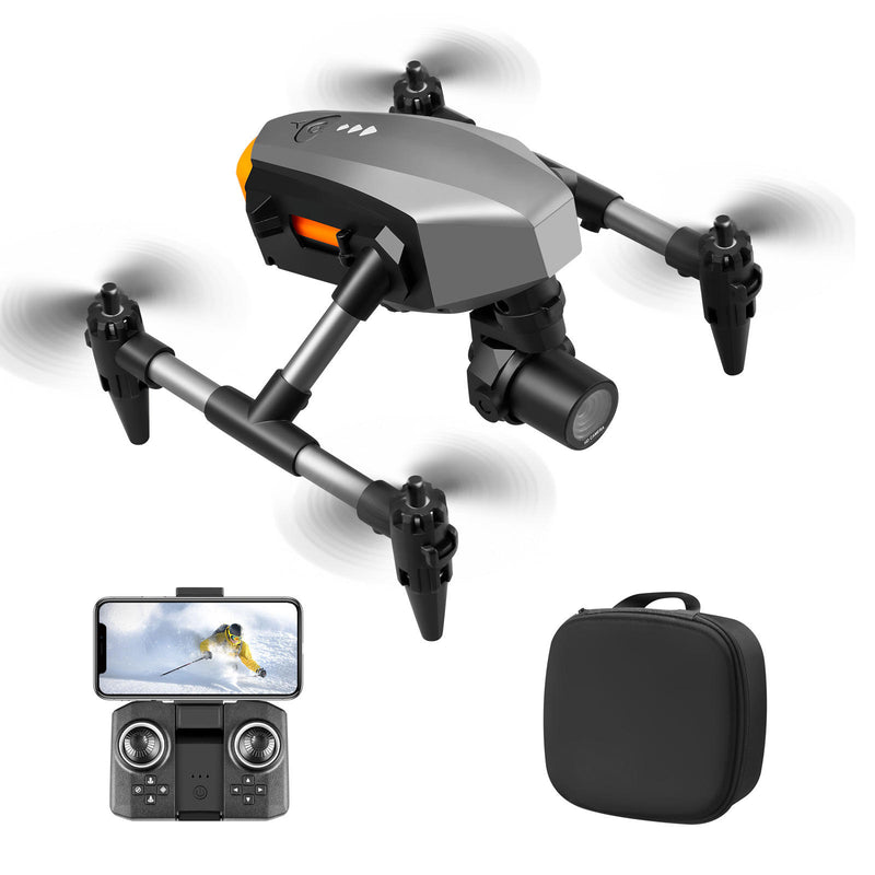 Mini RC quadcopter drone, grey with orange accents, foldable arms, front camera