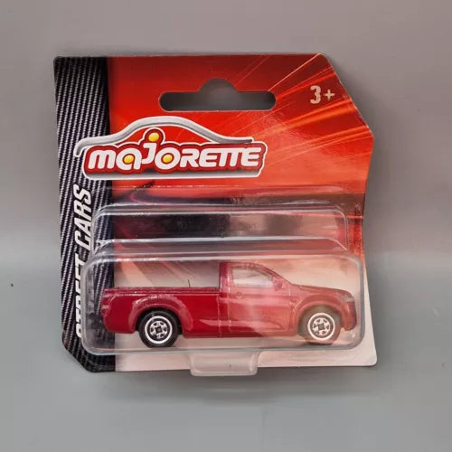 Majorette diecast model car in blister pack, red pickup truck, 1:61 scale.