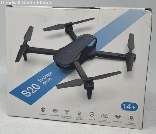 Foldable headless drone in retail box, black quadcopter with four propellers