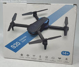 Foldable headless drone in retail box, black quadcopter with four propellers