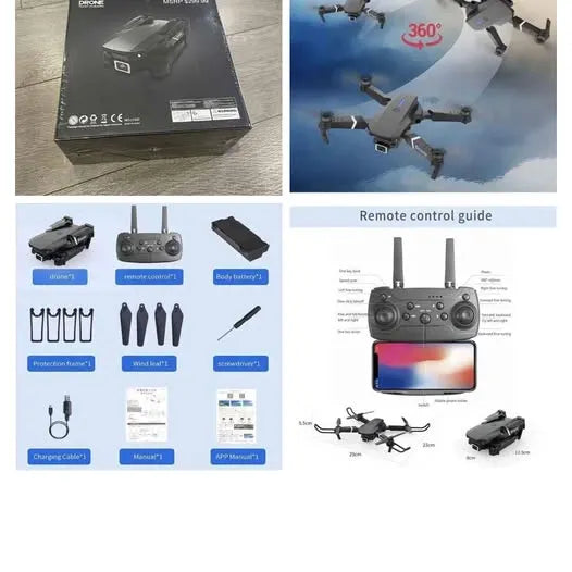 Foldable quadcopter drone with remote controller and accessories in packaging