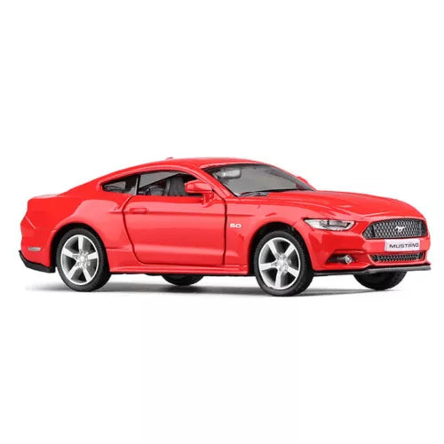 Red 1/36 scale diecast Mustang model car, front three-quarter view, detailed grille