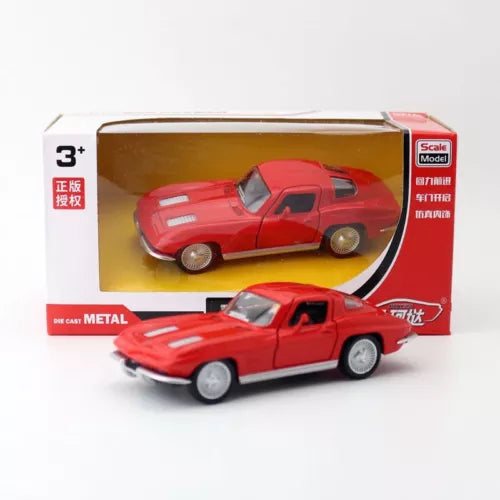 Red 1963 Corvette diecast metal car model toy, pull-back style, front 3/4 view