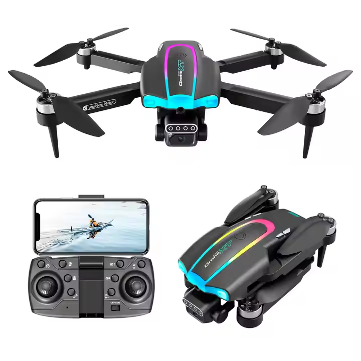 Foldable quadcopter drone with 4 propellers, dual cameras, and remote controller screen
