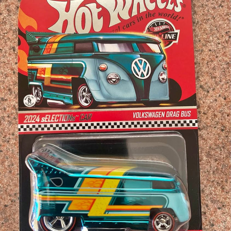 Diecast Volkswagen drag bus toy in clear blister, teal with multicolor stripes and VW logo