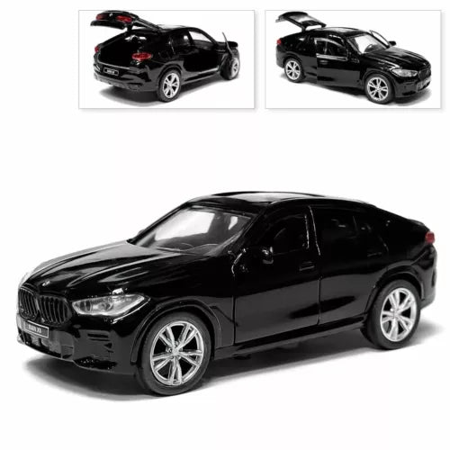 BMW X6 diecast model car, black SUV with front 3/4 view and silver wheels