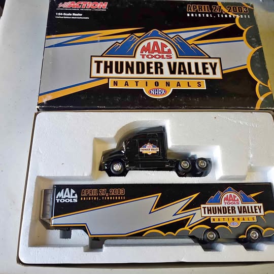 Diecast transport truck set with black cab and Thunder Valley logo trailer, April 2003 print