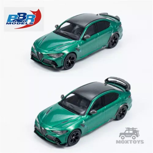 Green Alfa Romeo Giulia diecast model car with black hood and black wheels