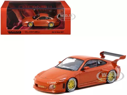 Orange red diecast model car, front 3/4 view with rear spoiler and yellow wheels