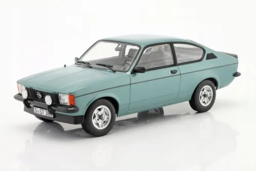 Diecast model car, mint green Opel Kadett C, front three-quarter view, 1:18 scale