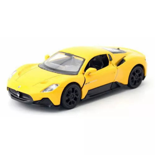 1/36 scale yellow Maserati MC20 diecast model car toy, black wheels