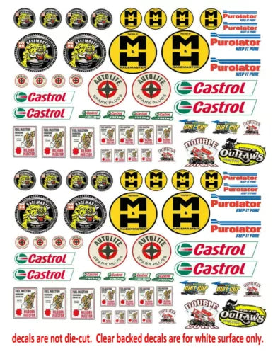 Model car decal sheet with round logos, racing stripes, and Castrol and Purator marks