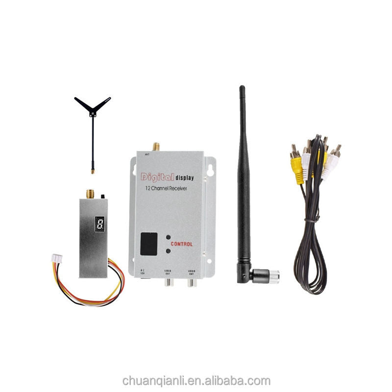 FPV transmitter receiver module set with display, antennas, and wiring cables