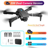 Black dual-camera quadcopter drone with four propellers
