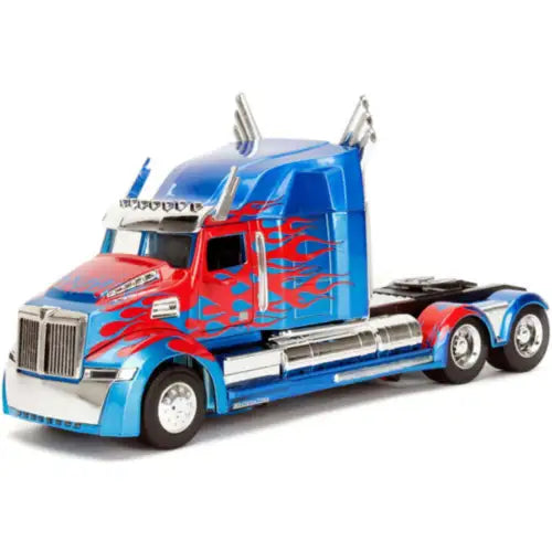 Optimus Prime diecast truck model with blue cab, red flames, chrome grille and wheels