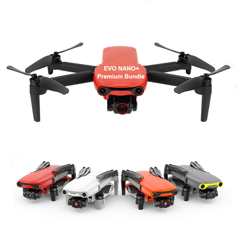 Compact quadcopter drone with gimbal camera, orange and black body, foldable arms