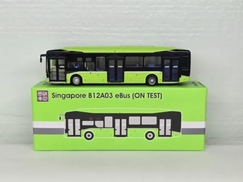 Lime green and black single-deck diecast bus model with three doors.
