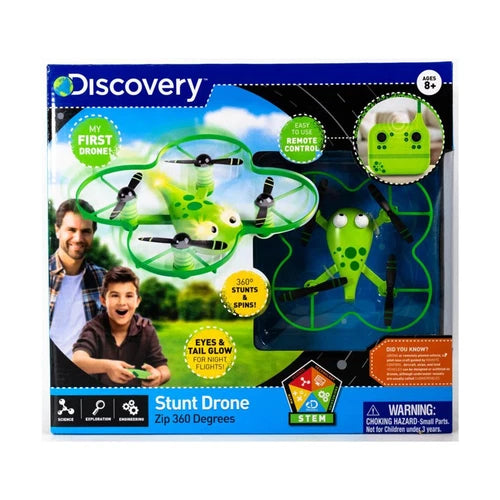 Discovery stunt drone toy box with green-and-white drone, “Zip 360 Degrees”
