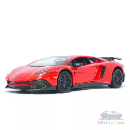 Red diecast model sports car, front three-quarter view