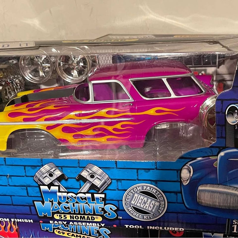 1/18 scale diecast muscle car in pink with multicolor flame graphics, in blister box