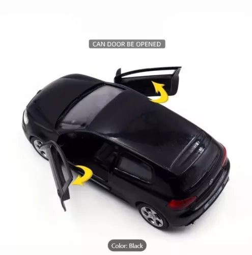 Black diecast pull-back car with openable door feature, rear view