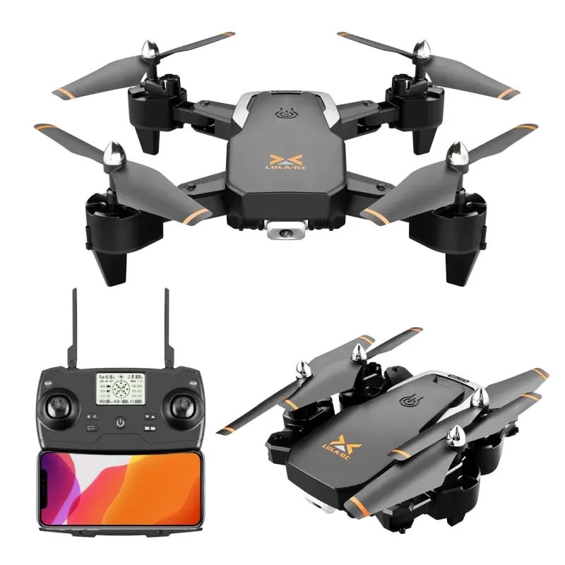 Mini foldable GPS 5G drone with 4 propellers, front camera, and remote controller