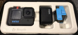 GoPro HERO10 action camera with front screen and foam tray accessories, including blue mount